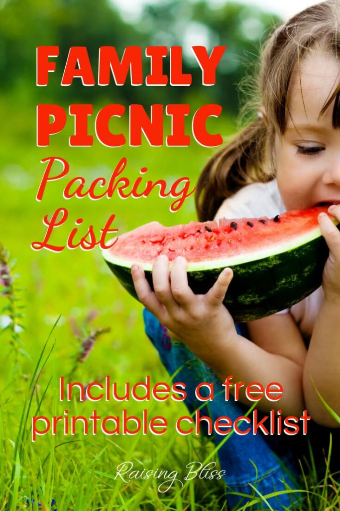 Girl eating watermelon outdoors Family Picnic Packing List with free printable checklist by Raising Bliss