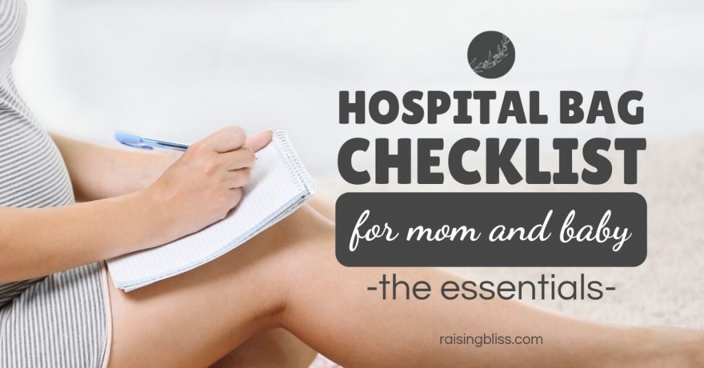 Pregnant woman writing down what to pack HOSPITAL BAG CHECKLIST for mom and baby the essentials with free printable by Raising Bliss