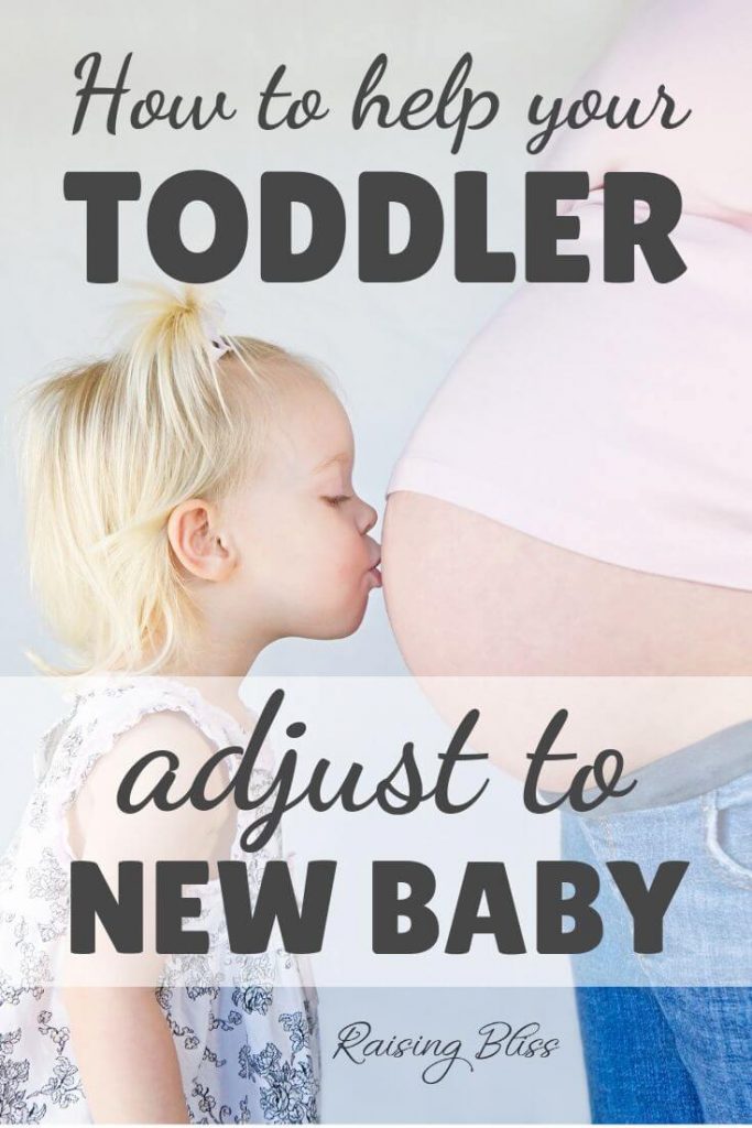 Little girl kissing mommy's belly - How to help your toddler adjust to new baby by Raising Bliss